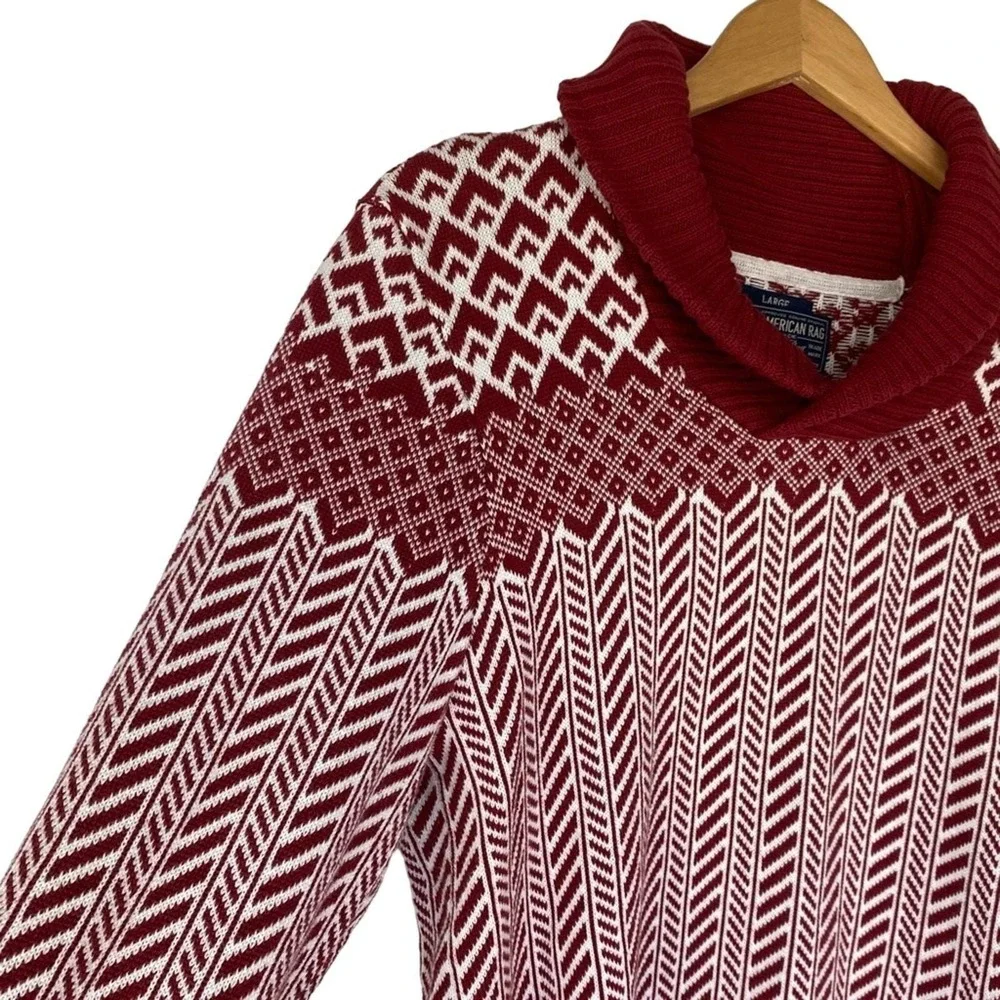 70s Style American Rag Men's Shawl Collar Sweater Men L Red Herringbone Grandpa